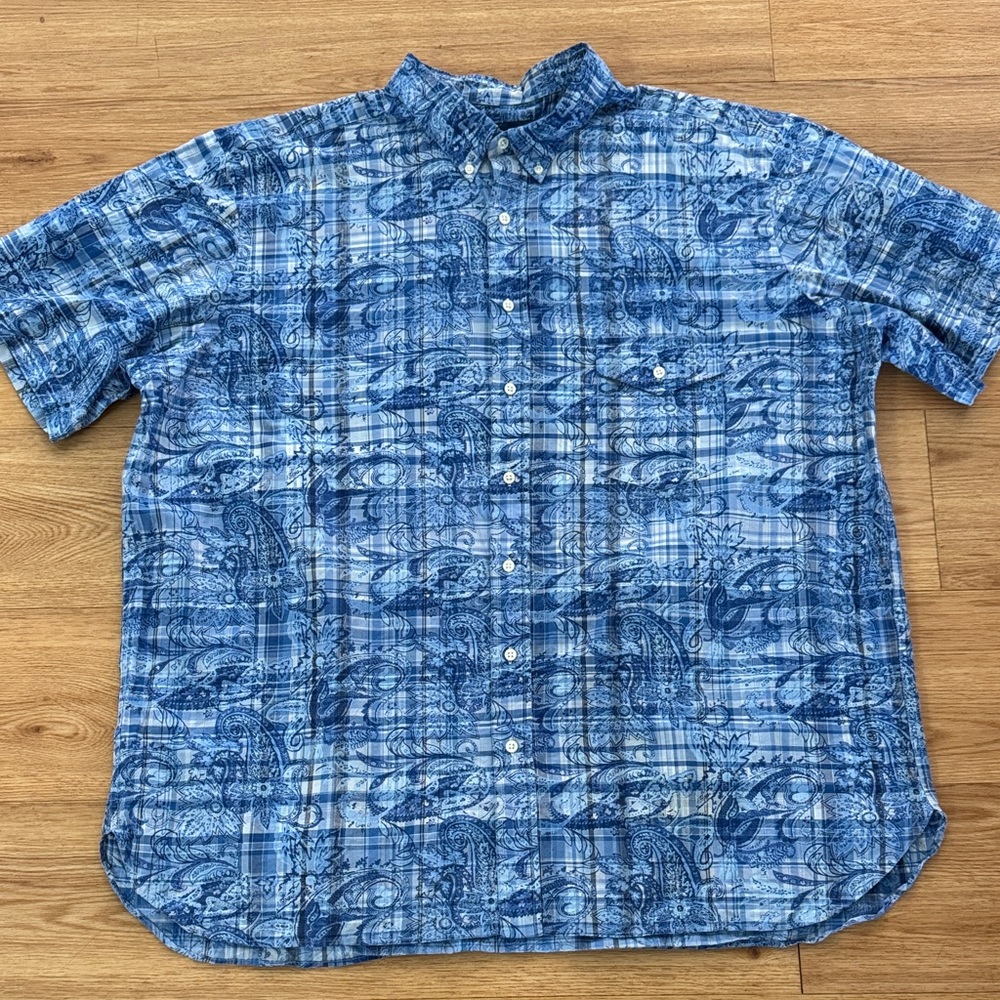 Ralph Lauren Men's Blue Paisley Plaid Short-Sleeve Button-Up Shirt Size 2XB Big